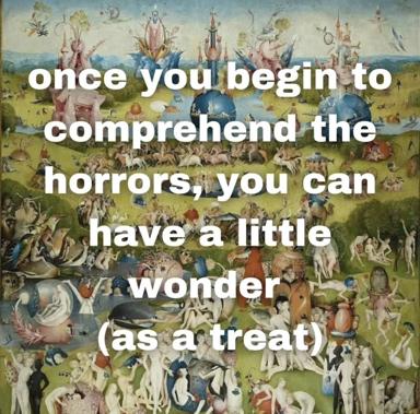 Northern Renaissance garden of horrors: surreal medieval landscape packed with grotesques and impossible structures. Bosch-inspired image-macro on the sublime knowledge that art-historical terror contains wonder.
