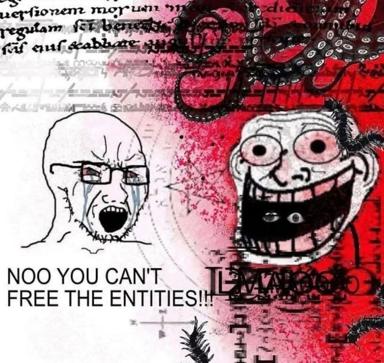A two-panel meme contrasting despair (bald figure with glasses weeping) against manic glee (grinning troll-face), set against grainy red/pink corrupted imagery with fragmentary text from what appears to be medieval Latin manuscripts.