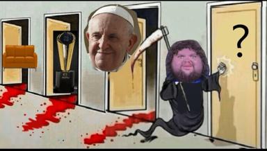 A purple-faced cartoon figure ejected from a gallery by a floating severed papal head, leaving a blood trail—surreal political satire