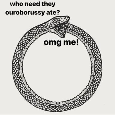 Medieval ouroboros becomes a self-aware snake horrified at its own cannibalism. Text-heavy meme about infinite recursion and self-consumption.