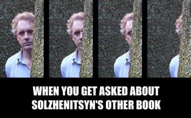 Four-panel reaction meme: a man turning away when asked about Solzhenitsyn's lesser-known works — evasion and deflection made visible through body language alone.