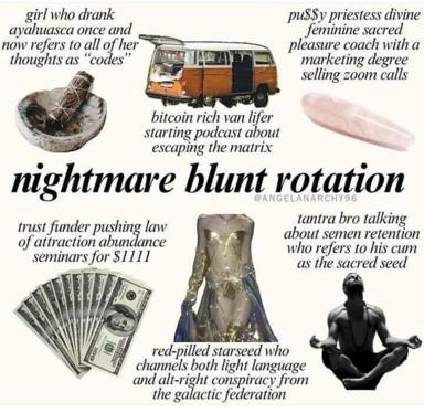 Six-panel grid meme naming the archetypal personalities in the "nightmare blunt rotation"—a satirical taxonomy of wellness-era grifters, influencers, and crypto-spiritual entrepreneurs.