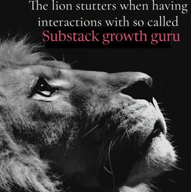 A lion mid-stammer, profile against black. Jest at the awkwardness of pitching growth strategies to someone who eats strategies for breakfast.