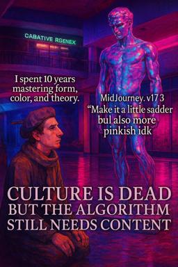 A neon-drenched AI art studio meme: an artist contemplates a glowing synthetic figure and laments that 10 years of craft mean nothing when the algorithm just needs "a little sadder but also more pinkish."