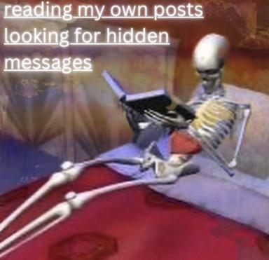 A skeleton at a desk, hunched over files and notebooks, ostensibly searching for meaning in its own past work—a mordant self-portrait of the writer's compulsion to excavate their own published words.