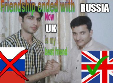 Two men shaking hands with "Friendship ended with Russia / Now UK is my best friend" text; geopolitical pivot meme joking about career relocation from Russia to UK.