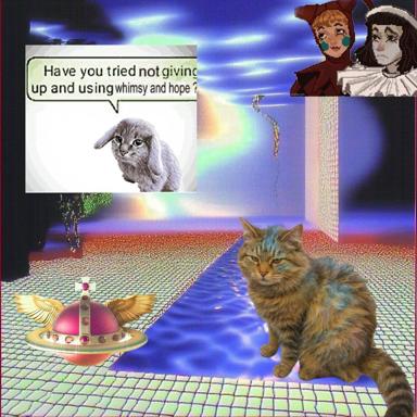 A surreal vaporwave collage: a tabby cat wanders a neon-lit 3D grid world toward a flying saucer, while anime characters float above a cynical self-help prompt via an existential rabbit.