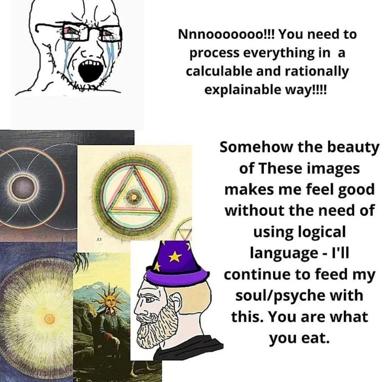 A wojak meme contrasting rational logic (top) against the irresistible pull of mystical imagery (bottom): the rational side insists on calculable explanations; the bottom declares allegiance to esoteric, non-logical beauty.