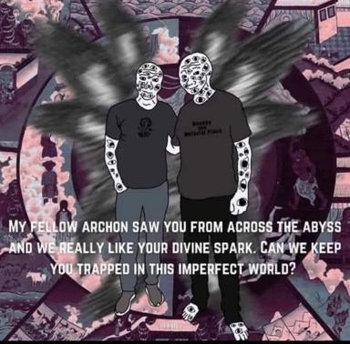 Two circuit-brained archons offer to trap your divine essence in their imperfect world—a darkly surreal cosmic-horror compliment.