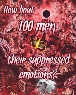 Stoicism vs. emotion: battle-format meme with 100 men silhouettes against a baroque-grotesque inferno of medieval demons and beast engravings rendered in deep crimson.