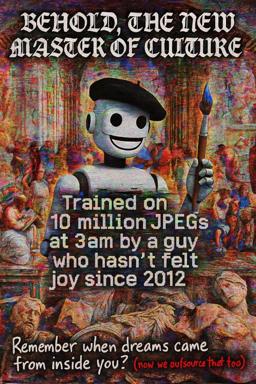 AI-generated art mockery: a cheerful robot with a paintbrush stands before a glitched Old Master painting, lampooning AI models trained on stolen data and the loss of human creativity.
