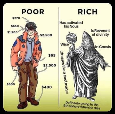 Two-panel material vs. spiritual wealth satire: streetwear figure with designer price tags vs. robed mystic annotated with esoteric accomplishments.
