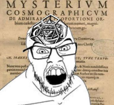 A shocked bearded figure topped with a geometric cosmic diagram overlaid on Renaissance text—surreal mashup of Kepler's cosmology and the "mind blown" pose.