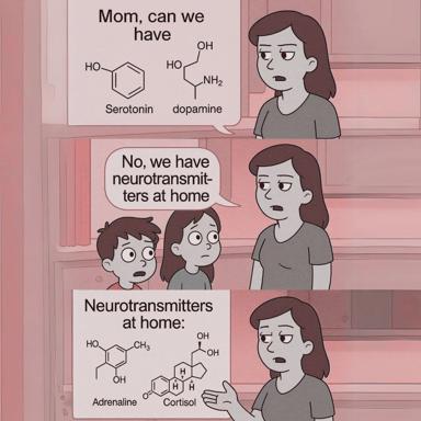 Mom refuses to buy happiness, offers stress hormones instead—a parenting joke in chemical formula.