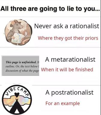 Three philosophical archetypes will lie to you in different ways: a rationalist about their priors' origins, a metarationalist about unfinished thinking, a postrationalist by example.