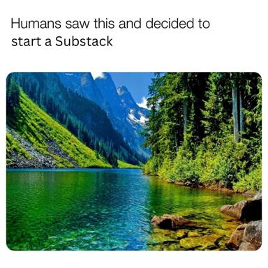 Alpine lake surrounded by coniferous forest and snow-capped peaks; overlaid caption jokes that humans saw this and decided to start a Substack.