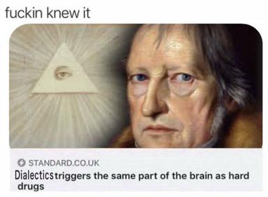 Contemplative philosopher reacts to a mock-serious headline claiming dialectics triggers the brain like hard drugs—deadpan absurdist meme.