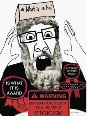 A classical marble bust with cartoon features covered in absurdist "award" ribbons, warning it may randomly discuss Stoicism — meta-commentary on philosophy's popularization and internet fatalism.
