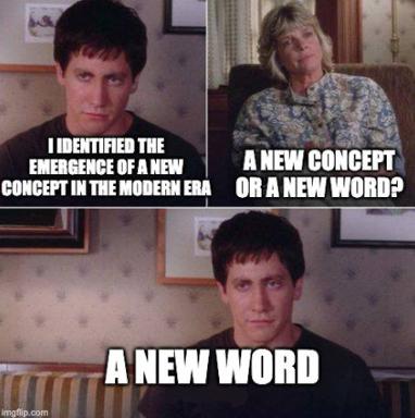 Three-panel reaction meme: an intellectual moment of distinction between "identifying a new concept" and just naming it.
