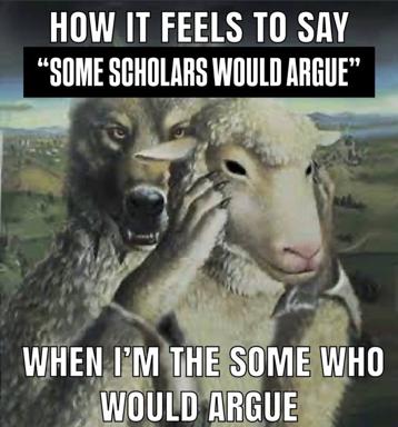 A wolf laughing and a sheep facing the camera with defiant calm in a mountain meadow, captioned on the tension between academic objection and personal conviction.