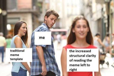A self-referential meme deconstructing the distracted-boyfriend template by labeling its own structural mechanics: the joke is about how we've normalized reading memes left-to-right as narrative.