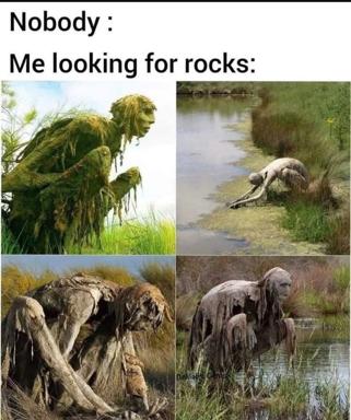 A four-panel meme depicting "me looking for rocks" as increasingly decrepit fantasy creatures scavenging from a river landscape, each grimmer than the last.