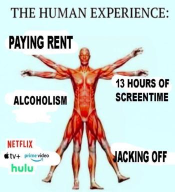 An anatomical chart of the male muscular system, repurposed as an unhappy diagram of competing demands on time and wellbeing—rent, alcohol, screens, and masturbation dividing the body into zones of exhaustion.