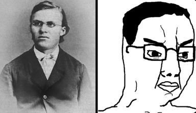 Historical photograph (early 1900s formal portrait) paired with a crude line-drawn meme face (thick glasses, angular features), contrasting archival seriousness with internet irreverence.