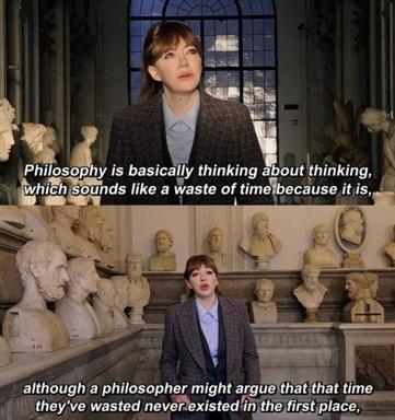 A museum-set two-panel meme about philosophy's self-referential nature, using deadpan delivery to critique abstract thinking as empty recursion.