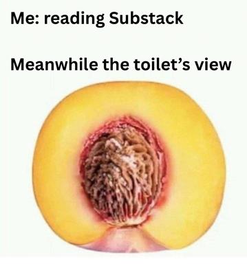 Crude image macro comparing reading in bed to the toilet's view—peach-pit cross-section as the punchline.