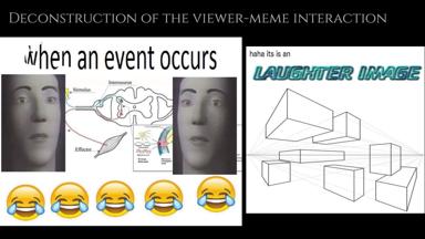 Split-panel meme deconstructing how memes mechanically trigger laughter through stimulus–response loops, contrasting neuroscience diagrams with abstract 3D geometry.