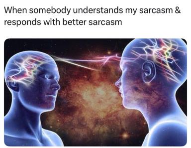 Two minds recognizing each other's wit—a cosmic burst of neurons connecting when sarcasm meets its match.