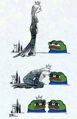 Three-panel meme: a crowned princess kneels and removes her crown, transforming into a frog equal to her original suitor. A meditation on descent and equalization.