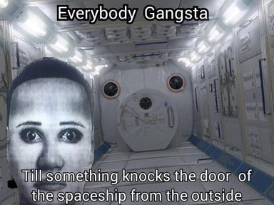 A spaceship-interior meme about false confidence: tough until something unexpected disrupts the facade. Contrasts a pale, wide-eyed alien/ghost face with the cold, official aesthetics of a spacecraft cabin.
