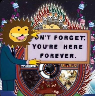 A surreal collage of entrapment: a grinning lion in a suit holds a sign bearing an ominous message, while skeletal figures mass behind flames in the background.