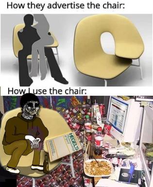 Two-panel advertising vs reality meme contrasting a sleek modern chair design with how it's actually used in a cluttered workspace.