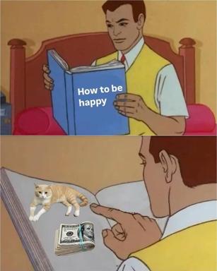 A two-panel meme subverting self-help advice: reading "How to be happy" versus the reality (a cat and cash).