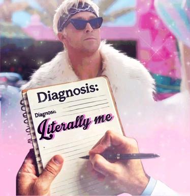 A middle-aged man in dark sunglasses and white fur coat holds a medical clipboard, its diagnosis reading "literally me"—a deadpan commentary on self-diagnosis and relatable hypochondria.