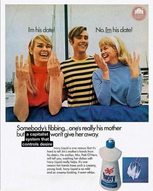 Vintage 1950s advertisement hybrid: three young people argue over a date while an Ivory Liquid ad promises creamy hands—a satire on capitalism's colonization of desire and courtship.