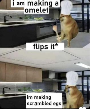 A dog chef flips its cooking surface instead of an omelet—a literal misinterpretation of a cooking instruction.