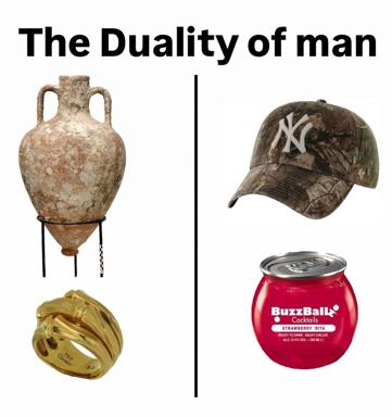 Ancient urns and gold rings vs. camo caps and ready-to-drink cocktails split by a line—visual proof that class distinctions are invented.