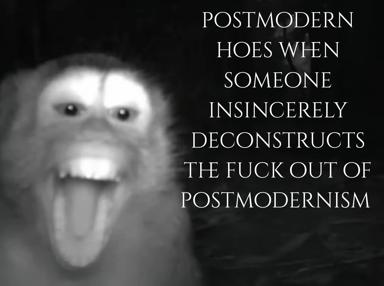 Postmodern theory meets incomprehension: a blurry-eyed animal stares into the void while the text delivers an absurdist deconstruction of deconstructionism itself.