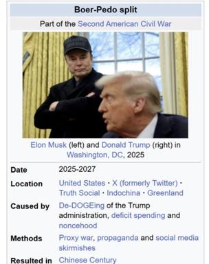 Satirical Wikipedia-style infobox meme documenting a fictional civil war between contemporary political figures, populated with absurdist categories and internet references.