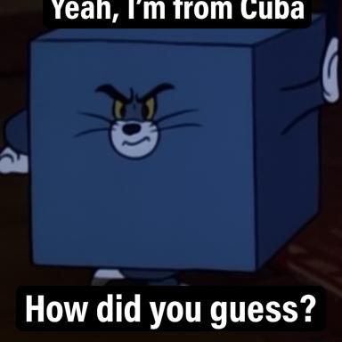 A 3D blue cube with an anthropomorphic smirking face claims to be "from Cuba"; the punchline mocks the absurd naming through geometric homophony.