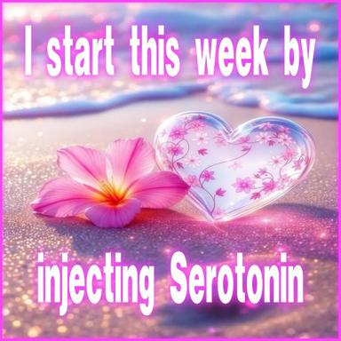 Maximal wellness kitsch: pink flower and translucent heart on glittering beach at sunset, motivational text about injecting serotonin.