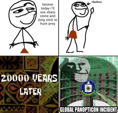 Stick-figure panel meme contrasting early human self-sufficiency with modern institutional dependence and surveillance, ending on the specter of intelligence-agency overreach.