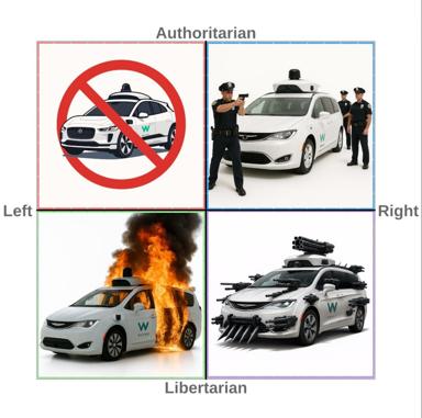 Political compass meme: four Waymo vehicles reimagined across ideological extremes, from ban to militarization.