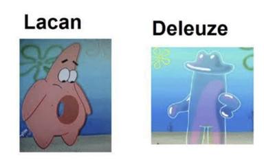 Two-panel meme contrasting Lacanian and Deleuzian philosophy via SpongeBob characters: Patrick Star (vacant) vs. a surreal, multi-limbed entity.