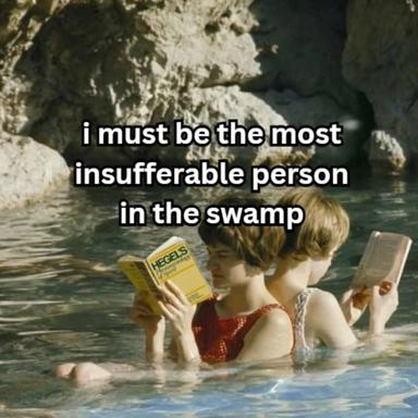 Three figures reading philosophy texts in a swamp; self-aware joke about intellectual insufferability and pretension.