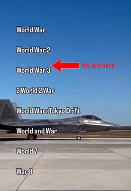 Stealth fighter on a runway with stacked text labels positioning "World War 3" as the next franchise installment in an escalating war-sequel series.